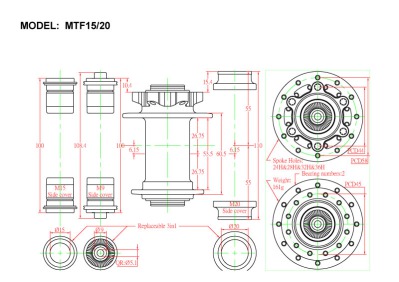 Втулка Bitex MTF1520-32H-15-100BK для MTB, передняя, под сквозную ось 15 мм, ширина 100 мм, дисковый тормоз на 6 болтов, 32 спицы, 2 промподшипника 6804, чёрный цвет, 181±5 грамм - вид 3 миниатюра