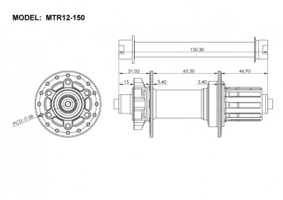 Втулка Bitex MTR12-32H-12-150BK_ShAL BOOST для MTB с алюминиевым барабаном Shimano HG, задняя, под сквозную ось 12 мм, ширина 150 мм, дисковый тормоз на 6 болтов, 32 спицы, 4 промподшипника (6902*3+6802*1), Чёрный цвет, 290±5 грамм - вид 5 миниатюра