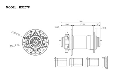 Втулка Bitex BX207F32H-15-100BK для MTB, передняя, под сквозную ось 15 мм, ширина 100 мм, дисковый тормоз на 6 болтов, 32 спицы, 4 промподшипника 6804, Heavy Duty, чёрный цвет, 216±5 грамм - вид 3 миниатюра