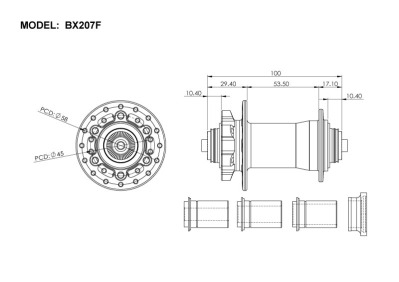 Втулка Bitex BX207F32H-M9-100BK для MTB, передняя, под эксцентриковый зажим M9, ширина 100 мм, дисковый тормоз на 6 болтов, 32 спицы, 4 промподшипника 6804, Heavy Duty, чёрный цвет, 222±5 грамм - вид 3 миниатюра