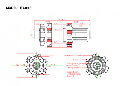 Втулка Bitex BX401R28H-12-142BK_SRXD для MTB с барабаном SRAM XD, задняя, под сквозную ось 12 мм, ширина 142 мм, дисковый тормоз на 6 болтов, 28 спиц, 4 промподшипника (6902*2+6802*2), Чёрный цвет, 270±5 грамм - вид 3 миниатюра
